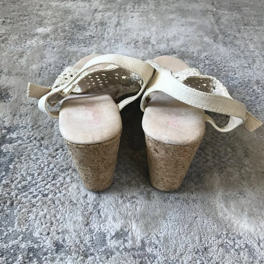 Sugar Women's 9.5 Jollie Off White Wedge Cork Slingback Crochet Sandals Shoes